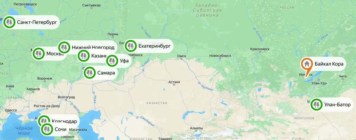 Карта географии поставок БайкалКора по городам России